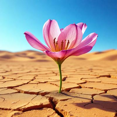 The primary subject of the image is a single pink flower growing in a cracked, dry dirt field. The setting is a desert-like environment, with a sandy surface and a blue sky in the background. The visual style is a photo, capturing the beauty of the flower in its natural habitat. The dominant colors are pink and brown, creating a sense of warmth and life despite the arid surroundings.